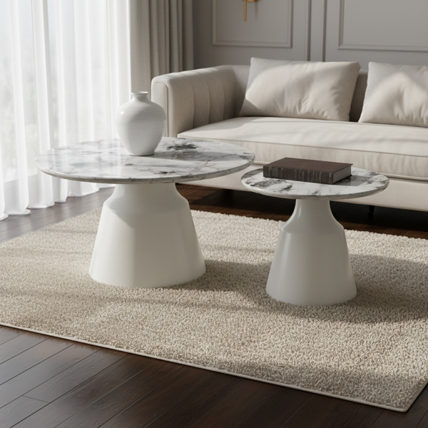 طقم طاولات قهوة رخامية عصرية قطعتين للقاعدة المخروطية - موديل 802#(1+1)