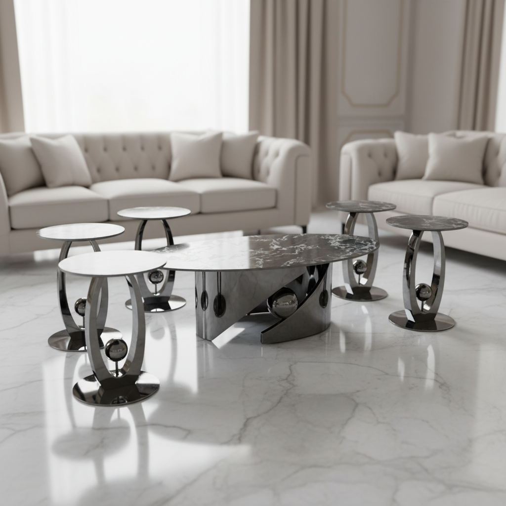 طقم طاولات قهوة رخامي مودرن 7 قطع بتصميم فاخر - KH122