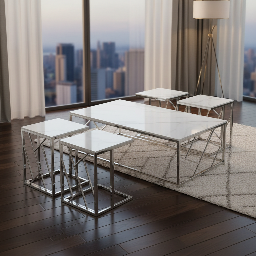 طقم طاولة قهوة رخامي مودرن 6+1قطع مع إطار فضي هندسي - KH13 GOLD